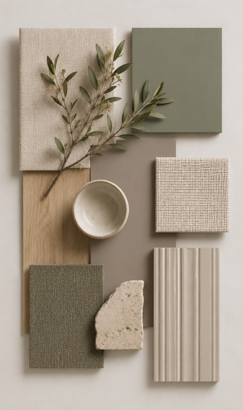 Planche matières : lin, céramique, vert olive
