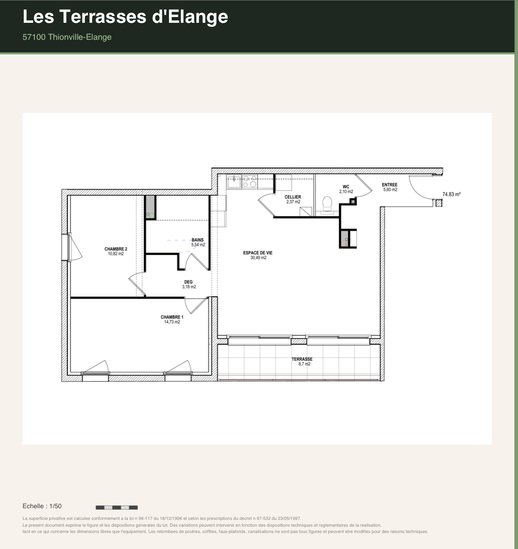 Plan de l'appartement 102, Les Terrasses d'Élange
