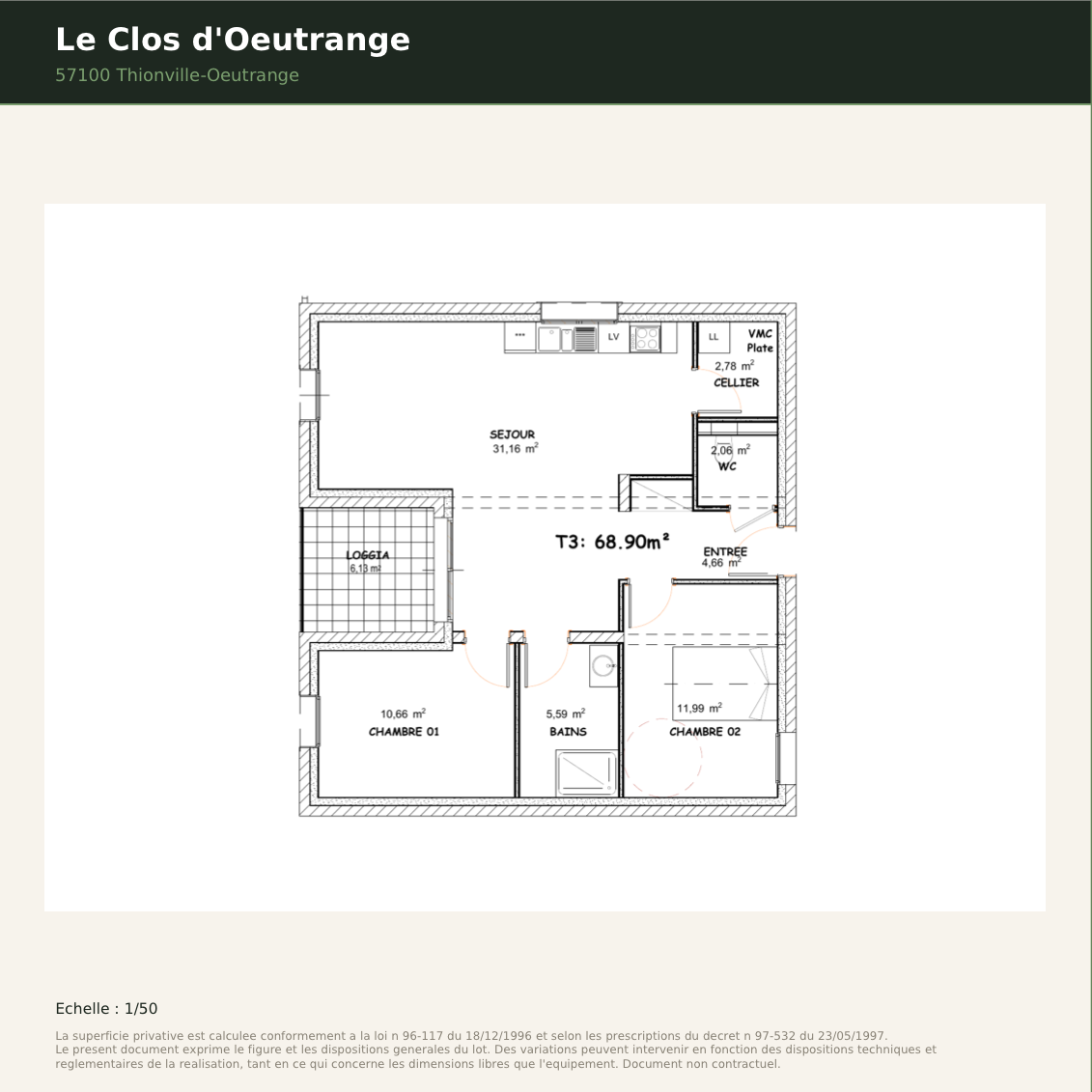 Plan de l'appartement 01, Le Clos d'Oeutrange